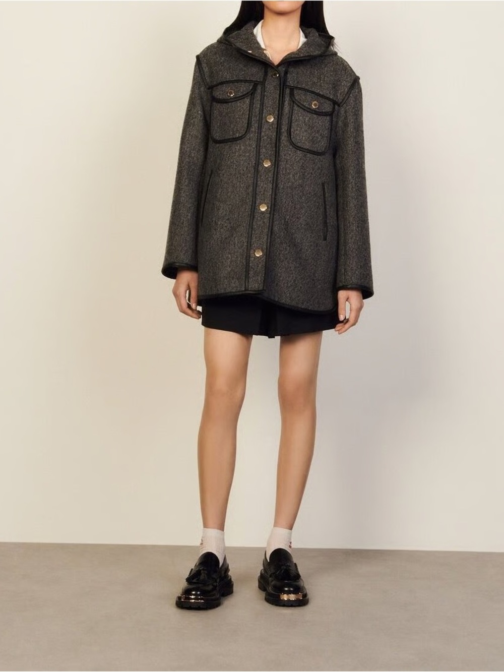 Sandro Hooded Leather-Trimmed Coat